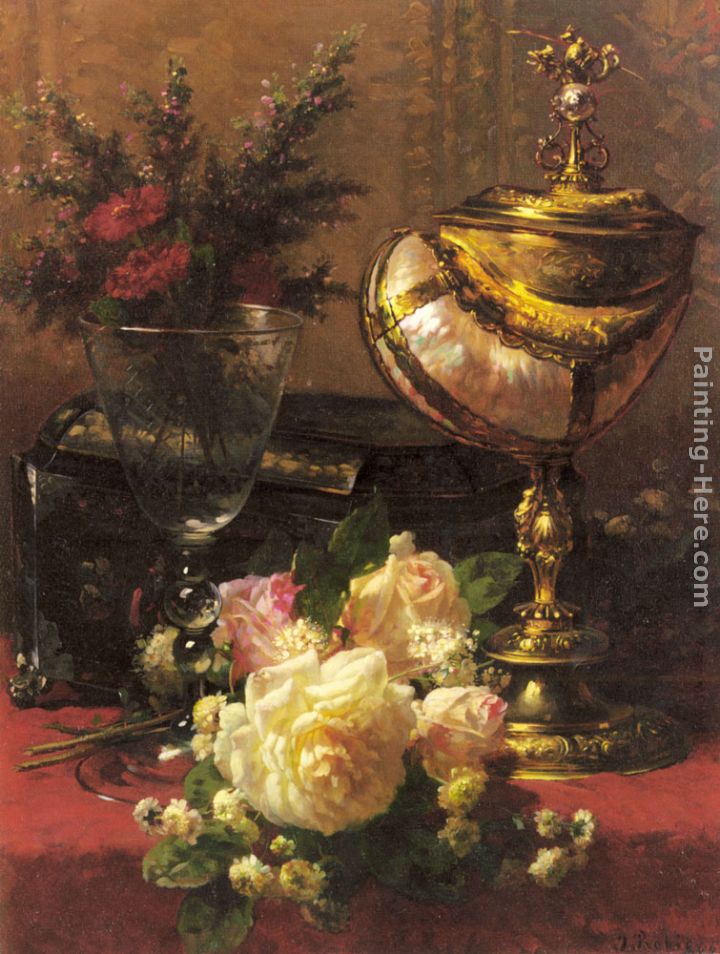 A Bouquet of Roses and other Flowers in a Glass Goblet with a Chinese Lacquer Box and a Nautilus Cup on a red Velvet draped Table painting - Jean-Baptiste Robie A Bouquet of Roses and other Flowers in a Glass Goblet with a Chinese Lacquer Box and a Nautilus Cup on a red Velvet draped Table art painting